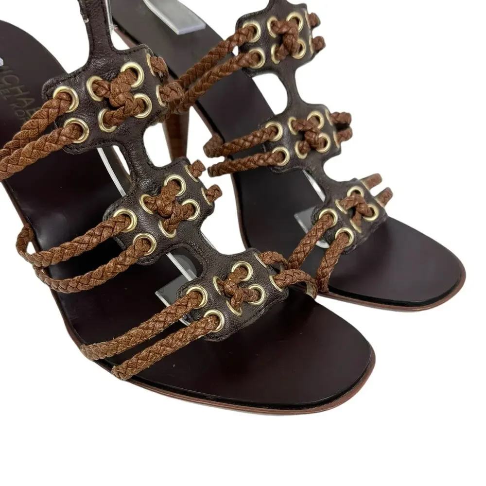 MICHAEL Michael Kors Dark Brown Leather Braided Strap Cone Heel Sandals